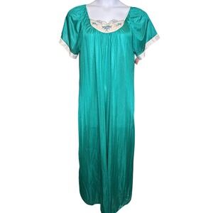 Vintage Sears Carriage Court Teal Satin Embroidered Kaftan One Size Fits All
